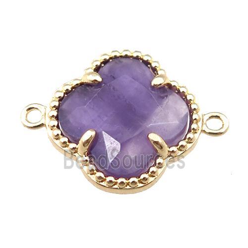 purple amethyst connector, faceted clover, gold plated