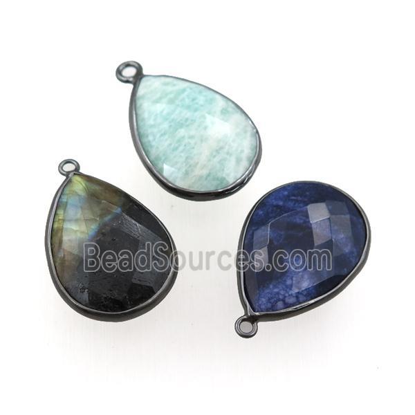 mixed Gemstone pendant, faceted teardrop, black plated