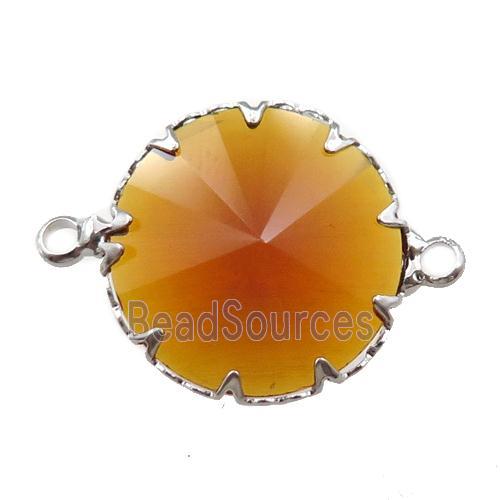 orange crystal glass circle connector, platinum plated