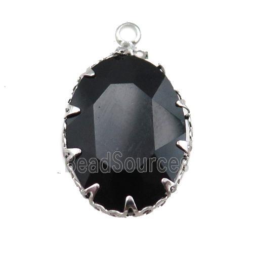 black crystal glass oval pendant, platinum plated