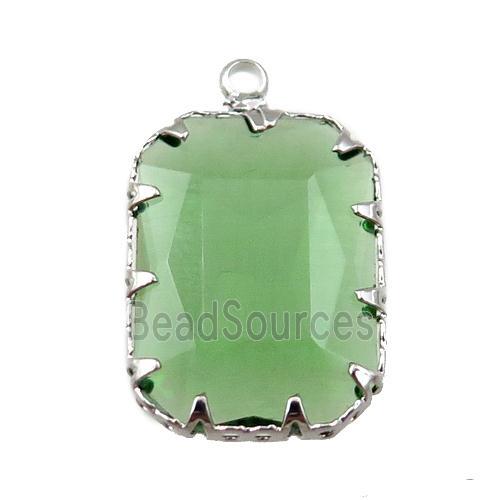 green crystal glass rectangle pendant, platinum plated