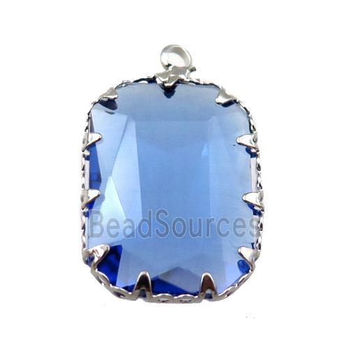 blue crystal glass rectangle pendant, platinum plated