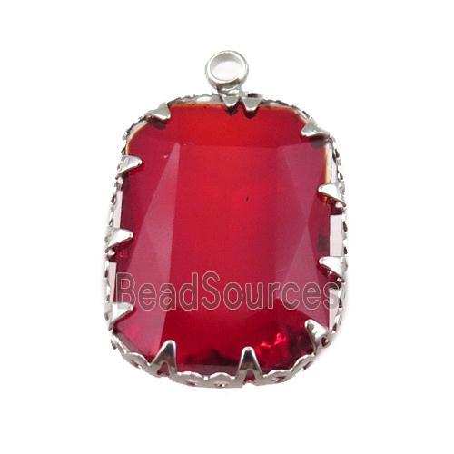 red crystal glass rectangle pendant, platinum plated