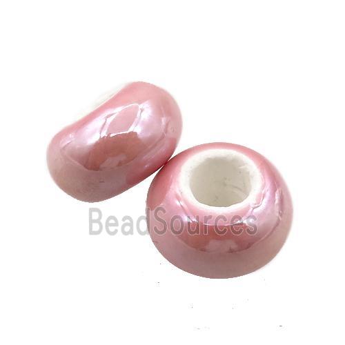 Europe style pink Pearlized Glass rondelle beads, light electroplated