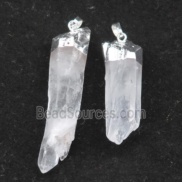 Clear Quartz stick pendant, silver plated