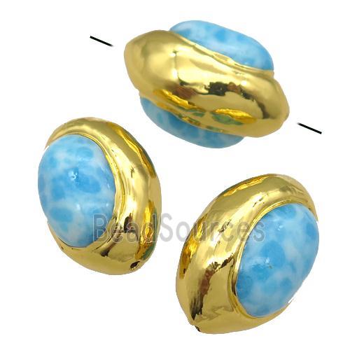 blue Larimar barrel Beads, treated, gold plated