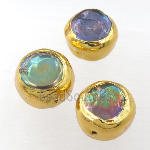 Abalone Shell button coin beads, gold plated