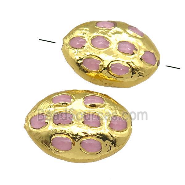 pink jade oval beads, gold plated