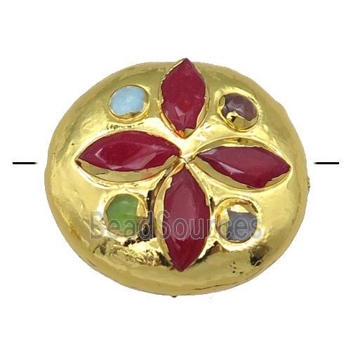 red jade circle button beads, gold plated