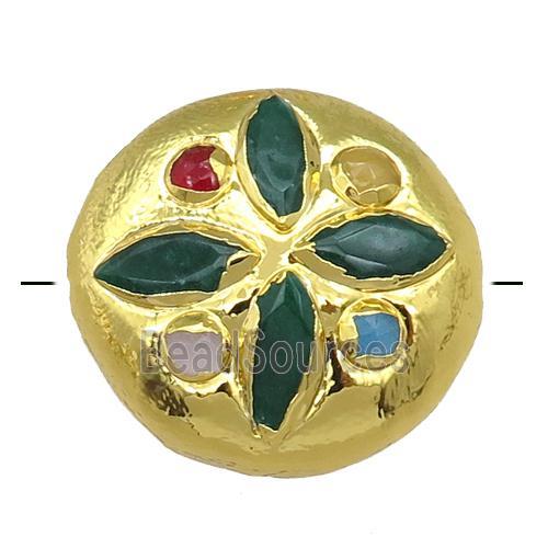 green jade circle button beads, gold plated