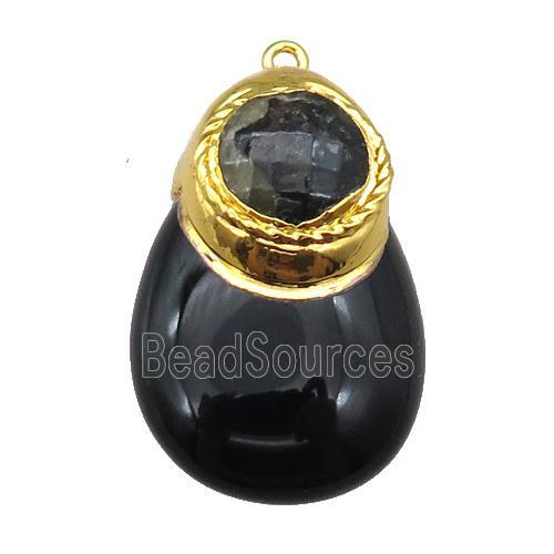 black Onyx Agate teardrop pendant, gold plated