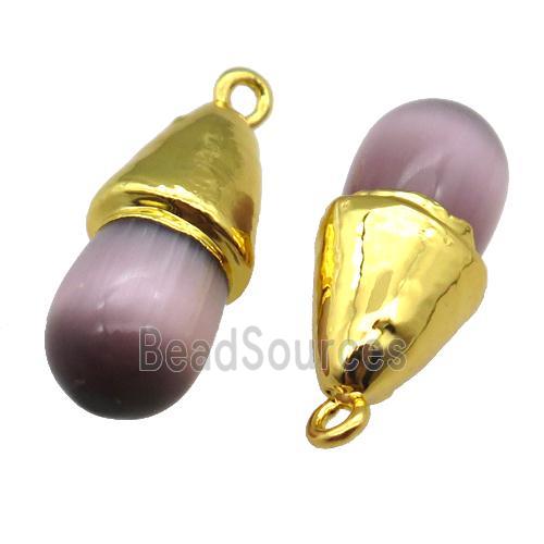 purple Cat eye stone pendant, teardrop, gold plated