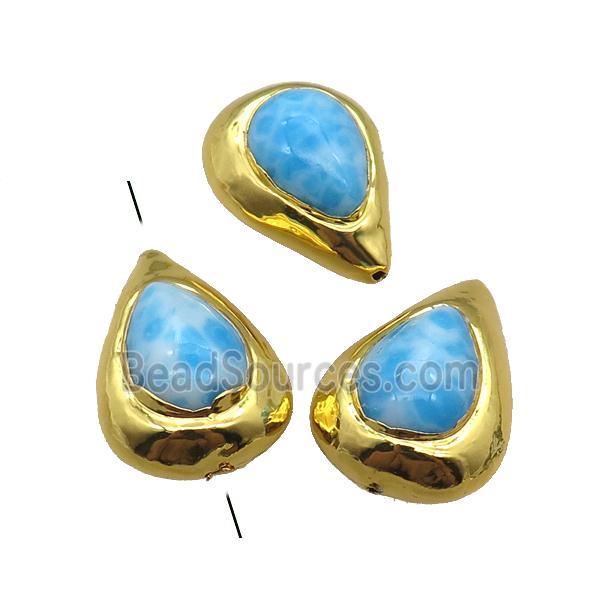 Larimar teardrop Beads, blue dye treated, gold plated