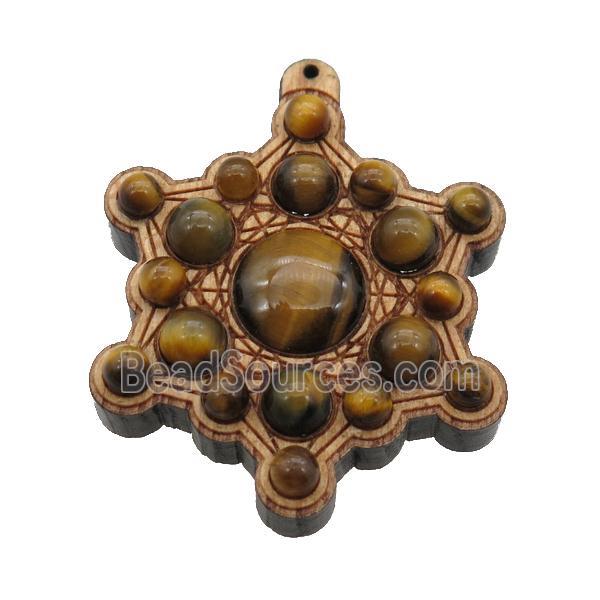 wood pendant pave tiger eye stone