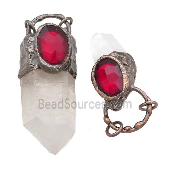 Crystal Quartz stick pendant with Ruby Glass, antique red