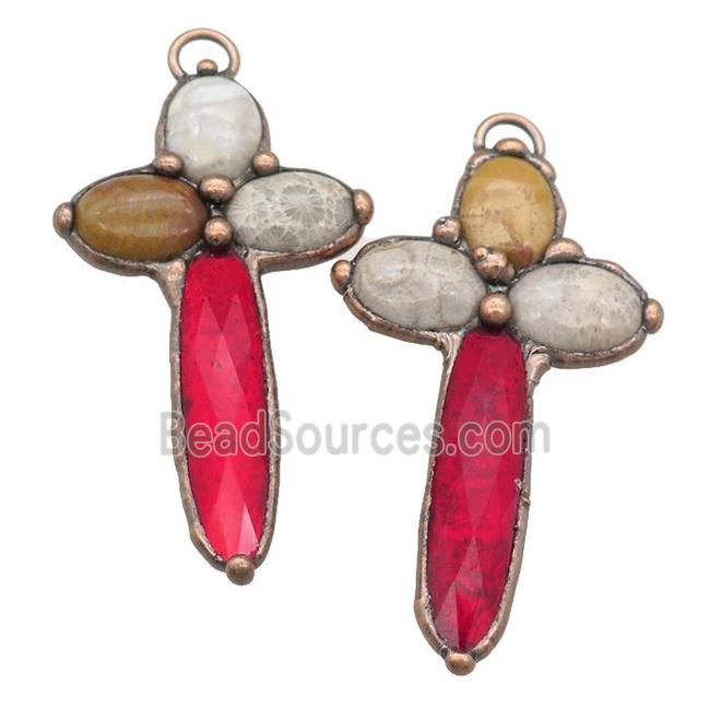 Coral Fossil cross pendant with ruby Glass, antique red