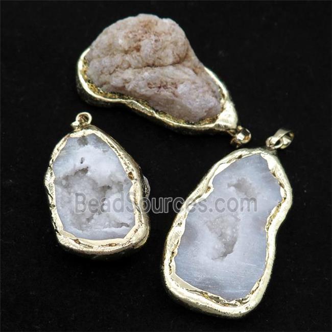 white Agate Druzy Geode pendant, freeform, gold plated