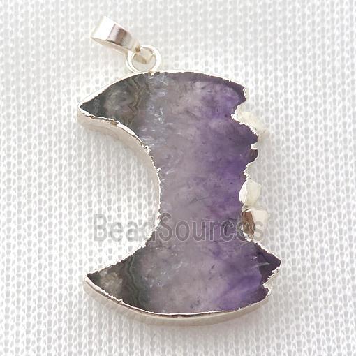 Amethyst Druzy moon pendant, silver plated