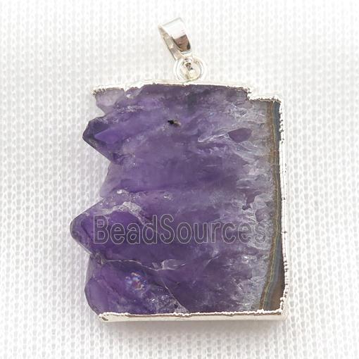 Amethyst Druzy slice pendant, silver plated