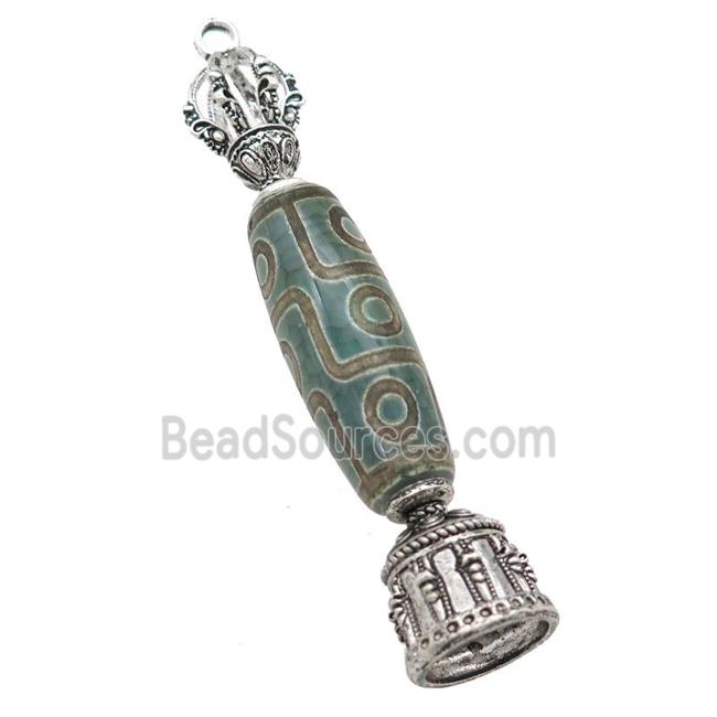 tibetan style green Agate pendant with bail, eye, antique silver