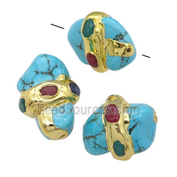 blue Magnesite Turquoise beads, freeform, gold plated