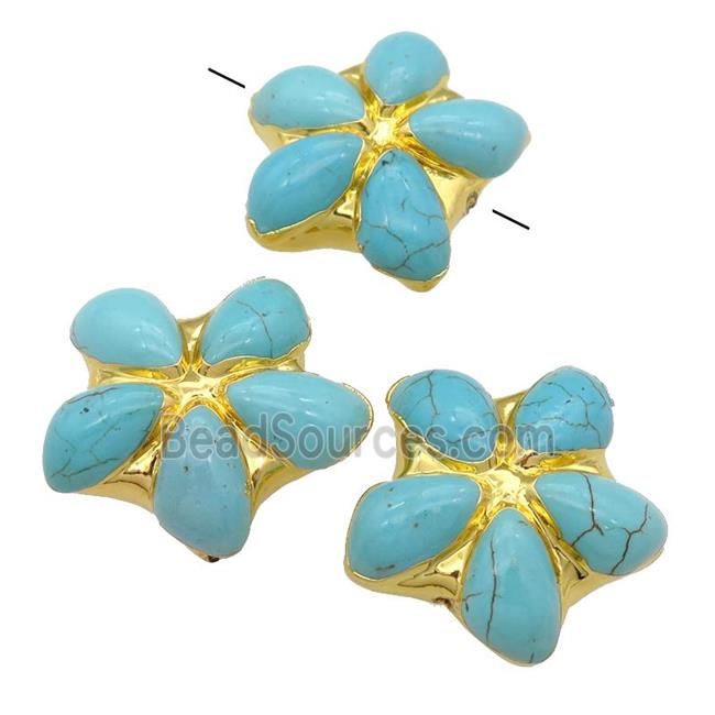 blue Magnesite Turquoise beads, flower , gold plated