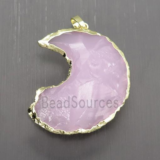 Rose Quartz moon pendant, hammered, gold plated