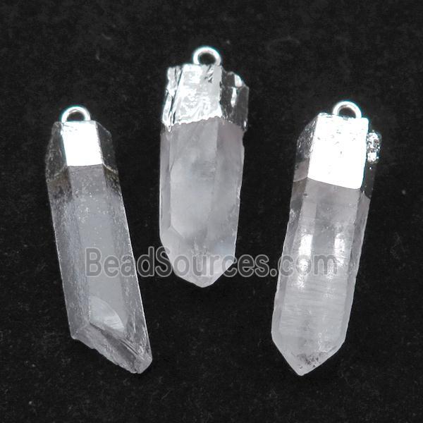 Clear Quartz stick pendant, silver plated