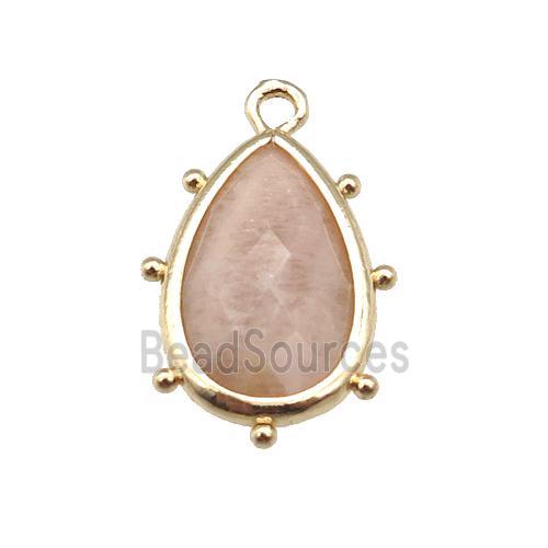 peach Sunstone teardrop pendant, faceted, gold plated