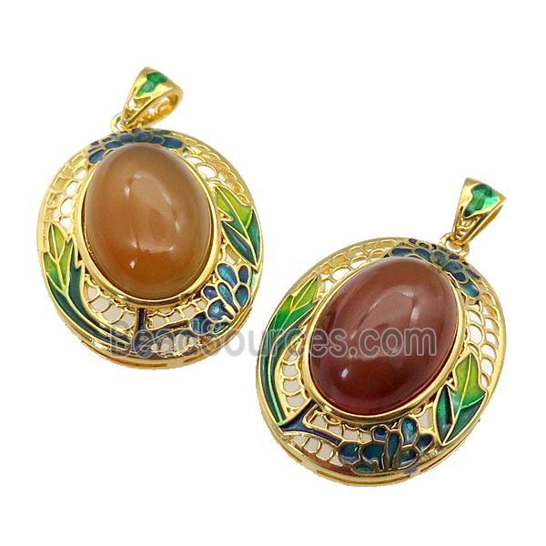 copper Oval pendant with carnelian, enamel, gold plated