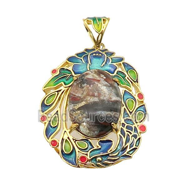 copper Oval pendant with ocean jasper, enamel, gold plated