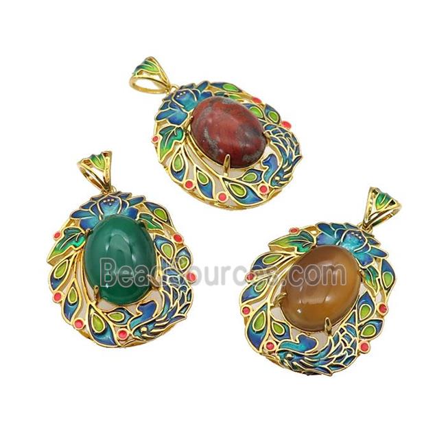 copper Oval pendant with gemstone, enamel, gold plated, mixed