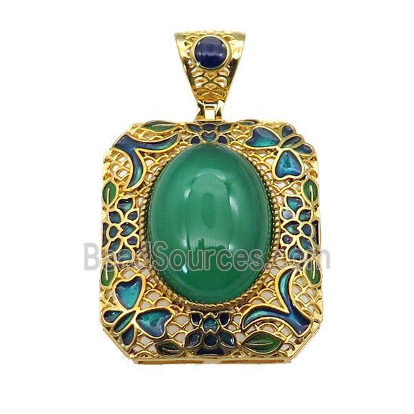 copper Rectangle pendant with green agate, enamel, gold plated