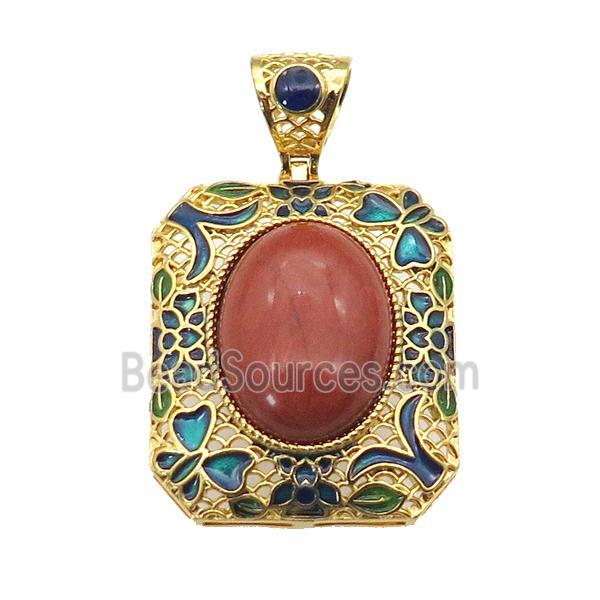 copper Rectangle pendant red jasper, enamel, gold plated