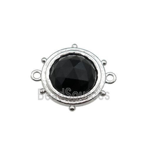 black Onyx Agate circle connector, platinum plated