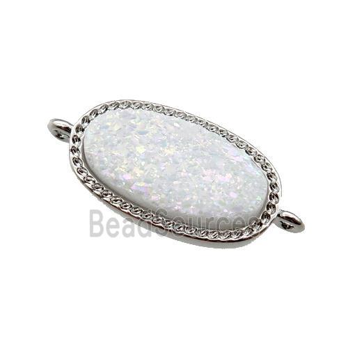 white druzy quartz oval connector, platinum plated