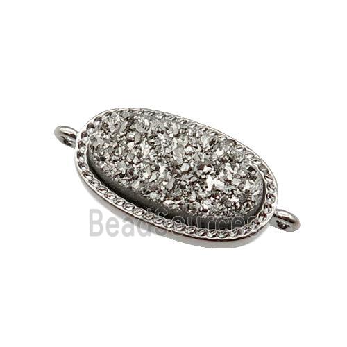 silver druzy quartz oval connector, platinum plated