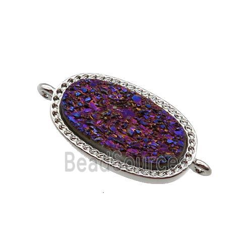 purple druzy quartz oval connector, platinum plated