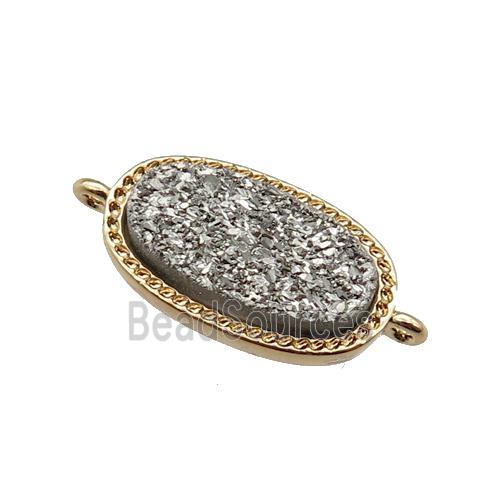 silver druzy quartz oval connector, gold plated