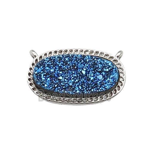 blue druzy quartz oval pendant, platinum plated