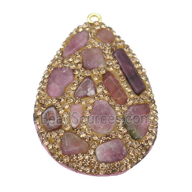 pink Tourmaline teardrop pendant paved rhinestone