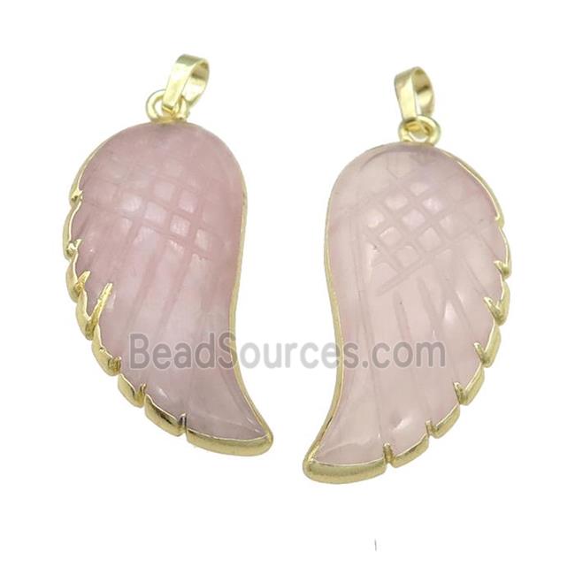 Rose Quartz angel wing pendant, gold plated