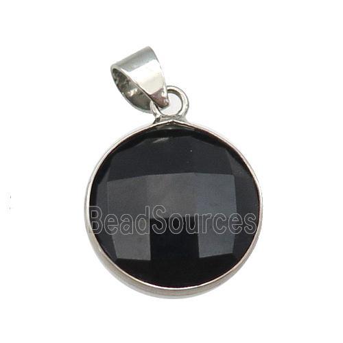 black Onyx Agate circle pendant, platinum plated