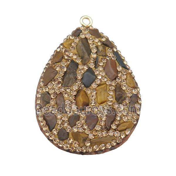 Tiger eye stone teardrop pendant pave rhinestone