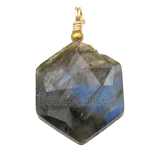 Labradorite pendant, hexagon, wire wrapped