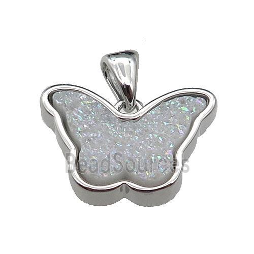 white AB-color Resin Druzy butterfly pendant, platinum plated