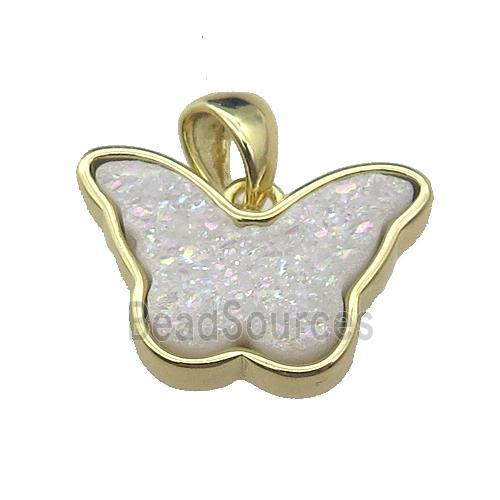 white AB-color Resin Druzy butterfly pendant, gold plated