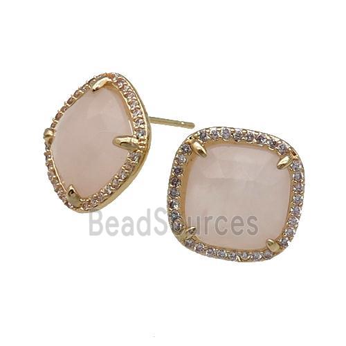 Rose Quartz Stud Earring Square Gold Plated