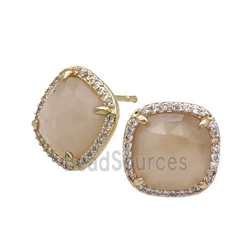 Peach Jade Stud Earring Square Gold Plated