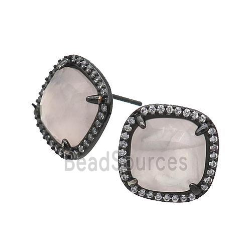 Rose Quartz Stud Earring Square Black Plated